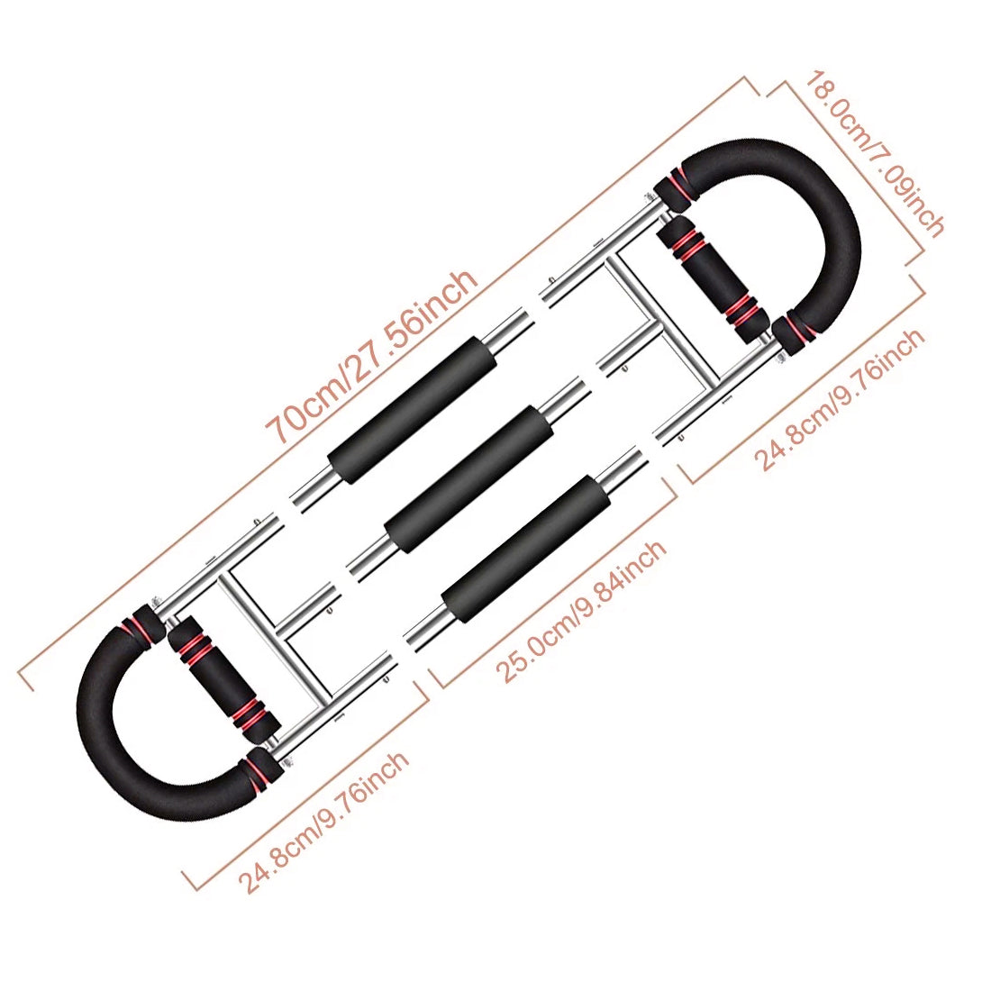 Flex Grip arm trainer dimensions diagram in inches and centimeters
