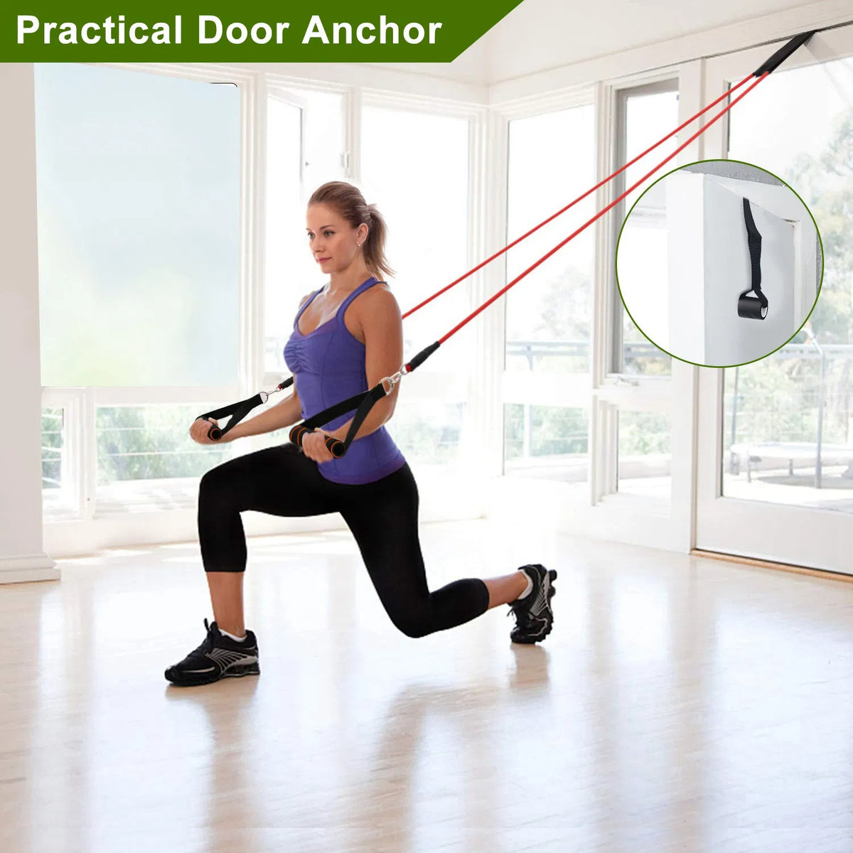 Woman training with resistance bands using the door anchor