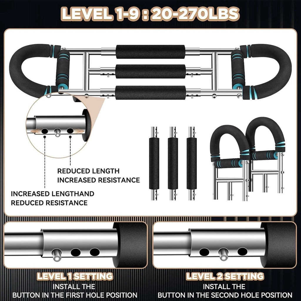 Flex Grip adjustable resistance levels 1 to 9, from 20 to 270 lbs