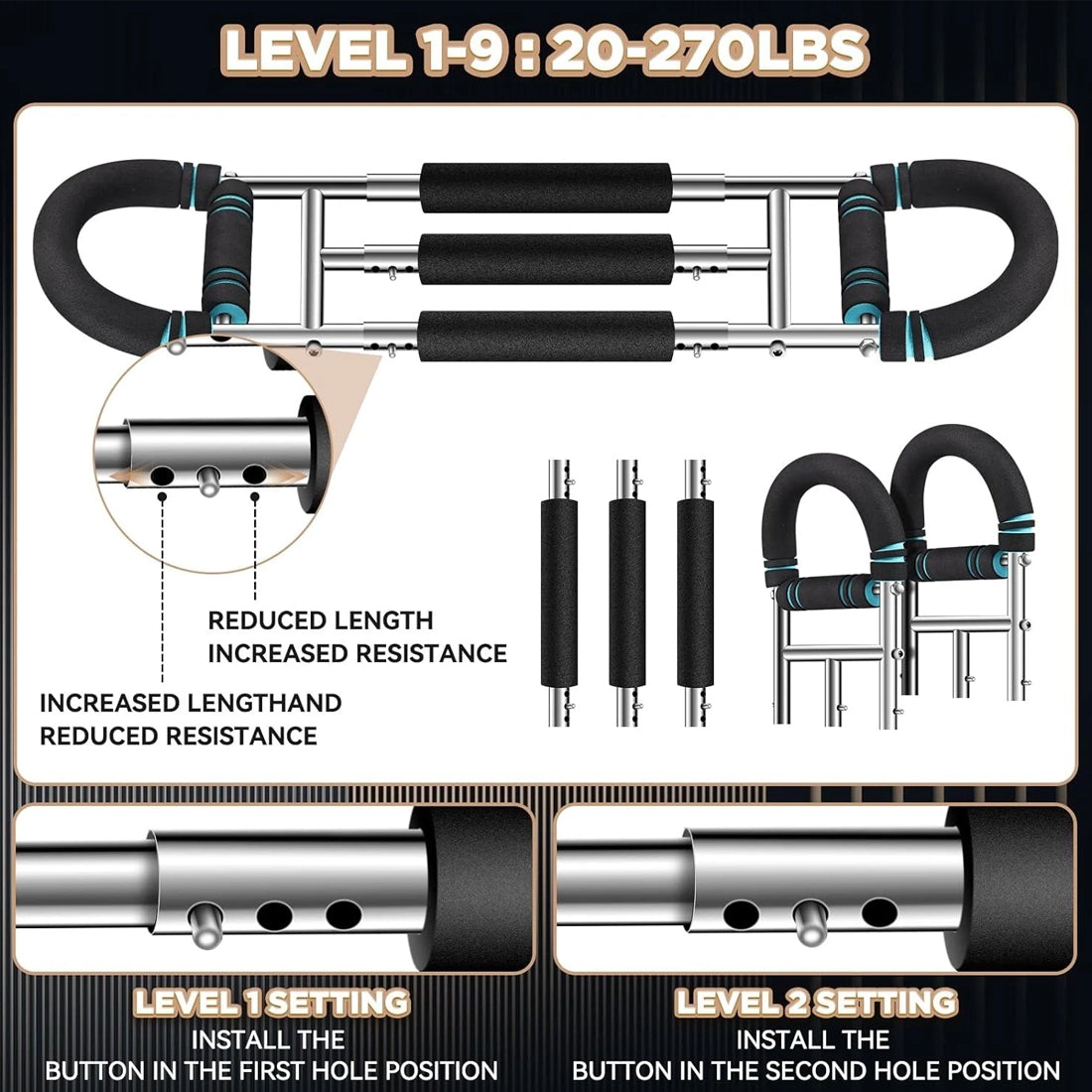Flex Grip adjustable resistance levels 1 to 9, from 20 to 270 lbs