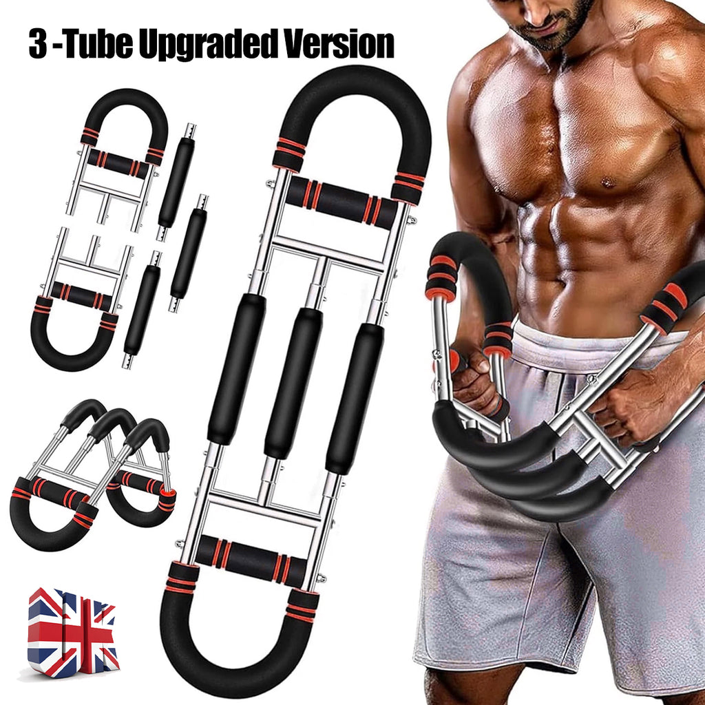 Flex Grip 3-tube arm and chest trainer with model demonstrating use