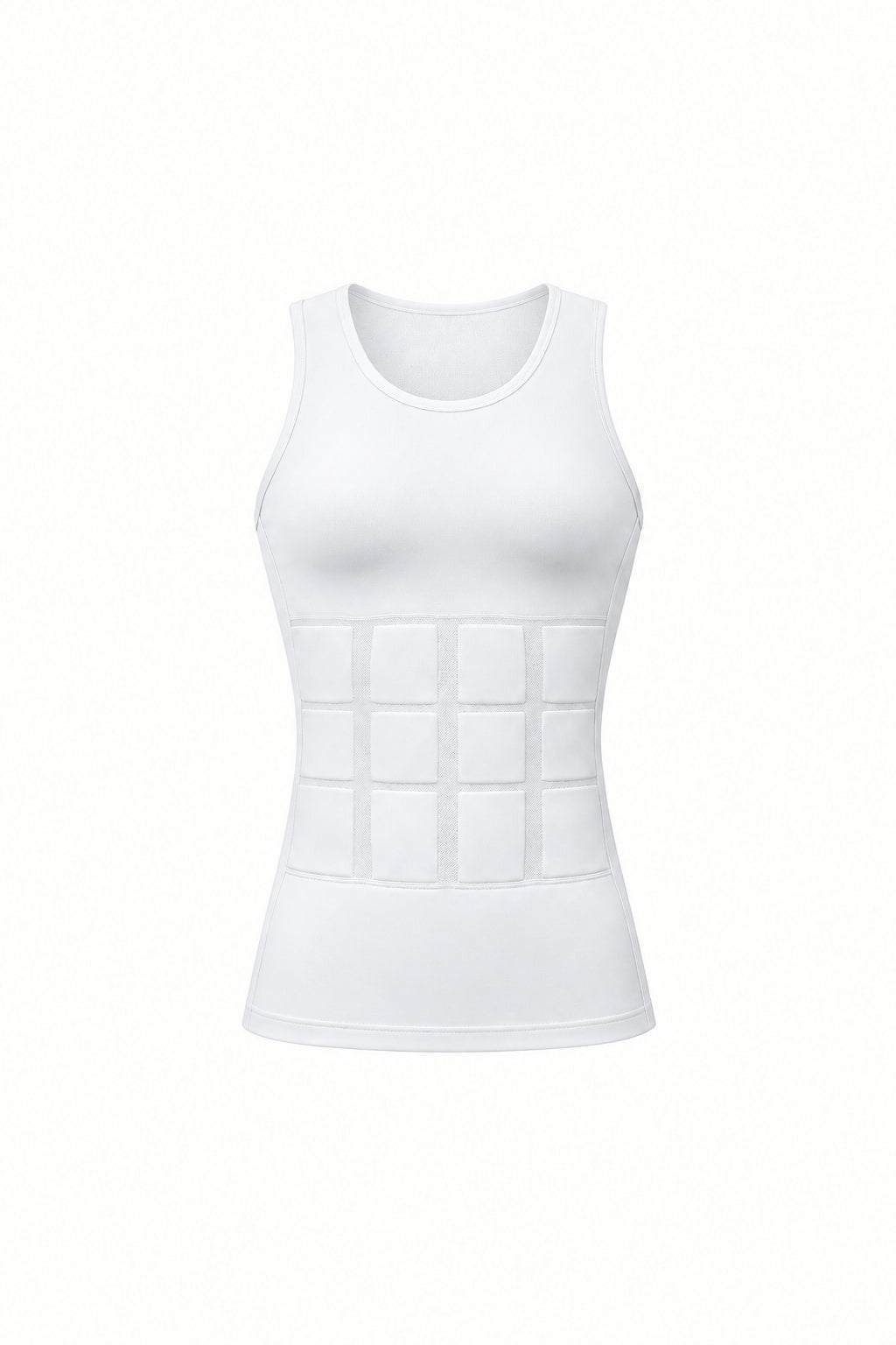 A white compression body shaper tank worn by a male model, shown against a light gray studio background. The image includes product text labels, a price of $29.
